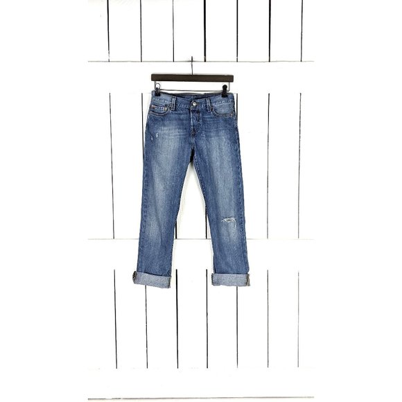501 button fly denim straight leg destroyed blue jeans